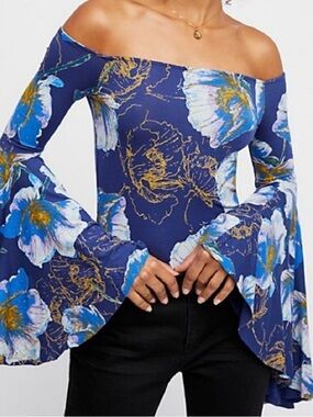 NWT* Free People Birds of Paradise blue yellow purple floral blouse off shoulder